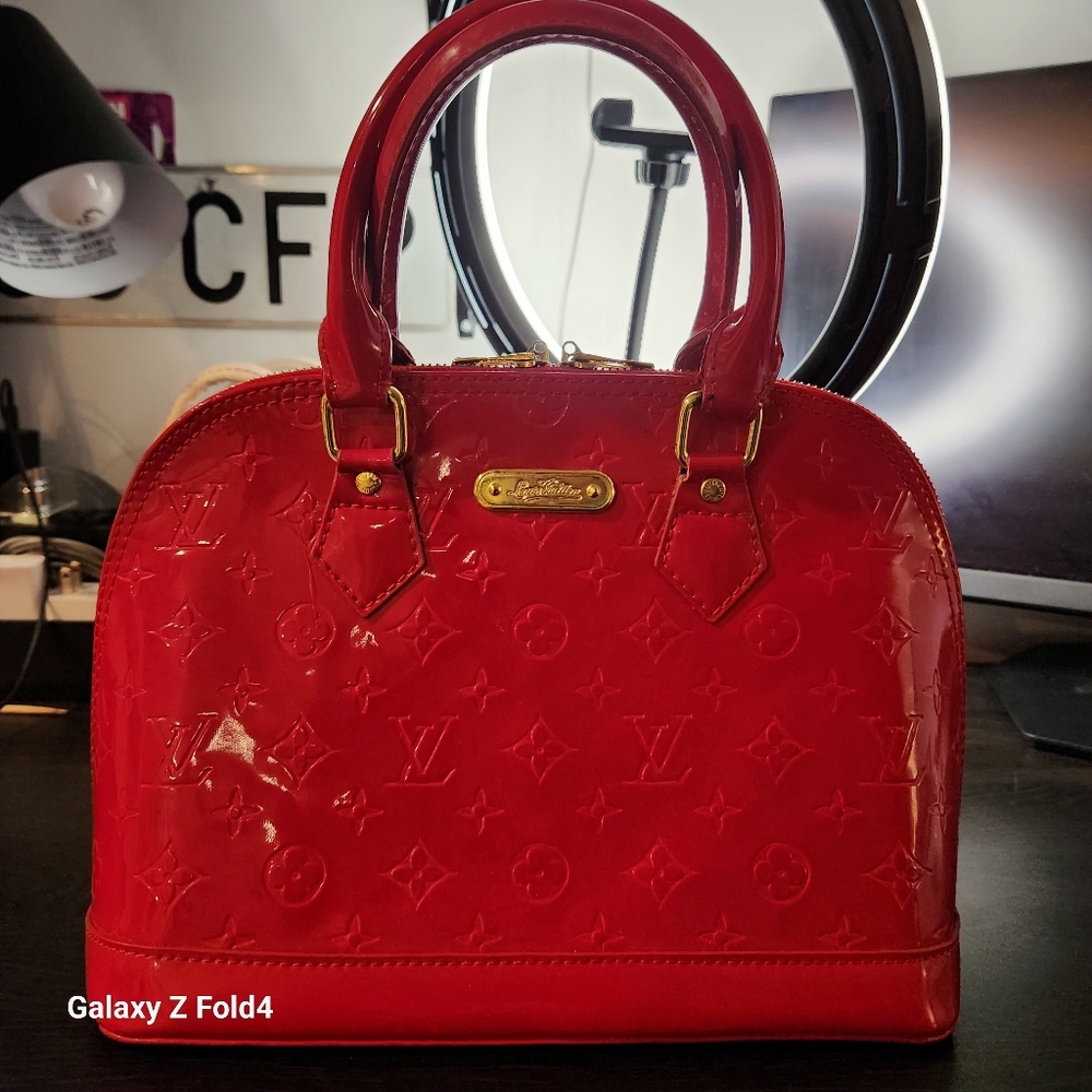 Monogram Red Patent Leather Hand Bag Vernis Alma